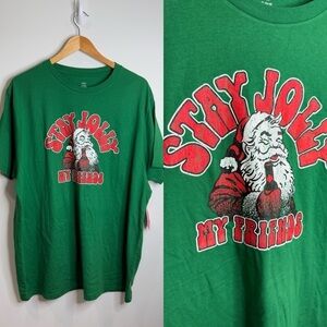 Holiday Time Santa Print Green T-Shirt (XL)